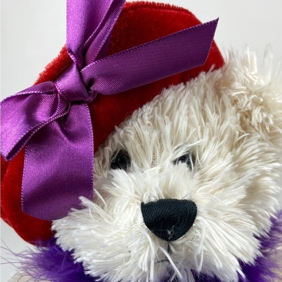 "RUBY" 1168 Plush Bear Red Hat Purple Boa Heart Detail Velvet Touch Collections - Picture 3 of 10